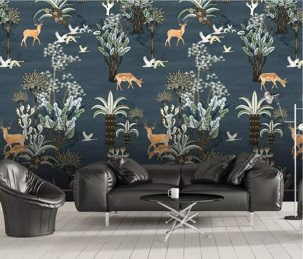 Medieval Hand Drawn Elk Deer Trees Mural Wallpaper
