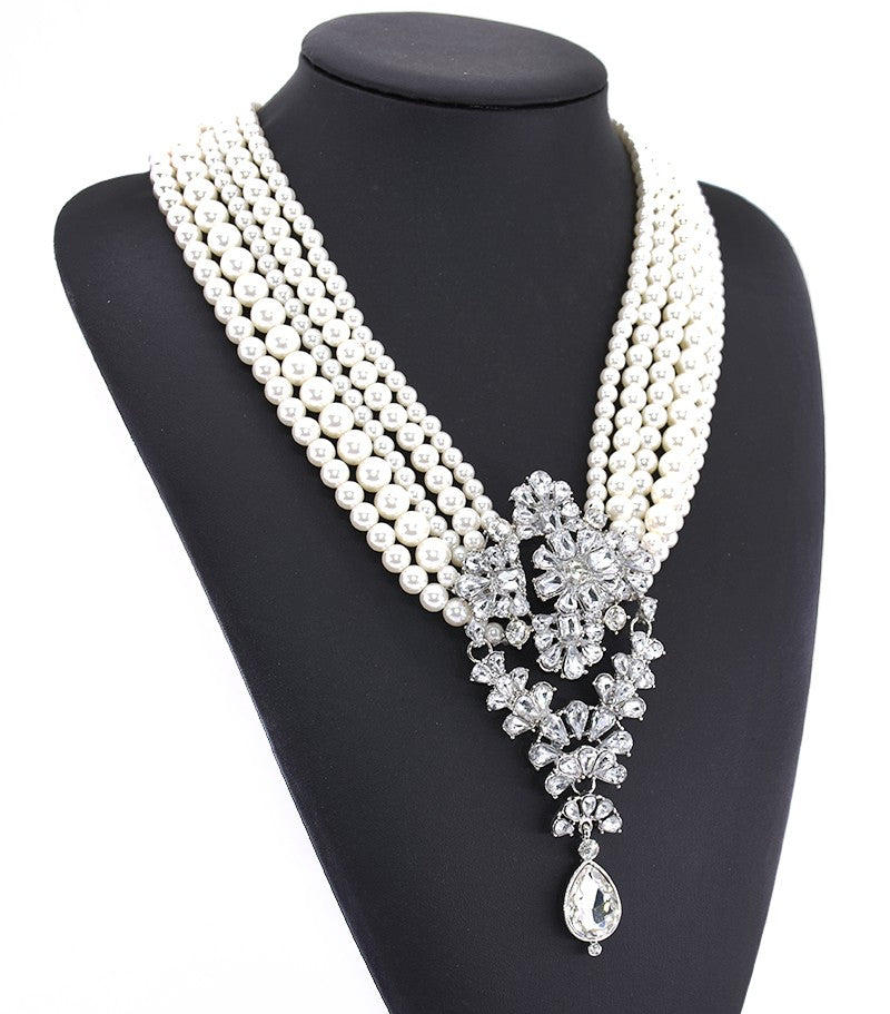 Gatsby Lux Multi Layered Imitation Pearl and Crystal Statement Necklace