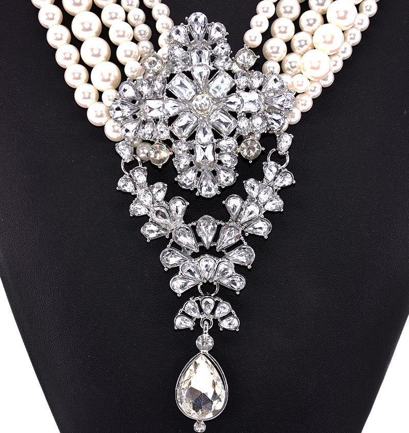 Gatsby Lux Multi Layered Imitation Pearl and Crystal Statement Necklace