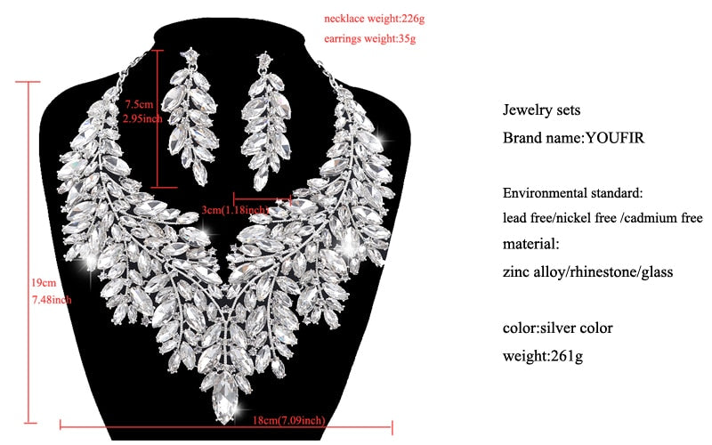 Iridescent Crystal Leaves Statement Necklace and Earring Set