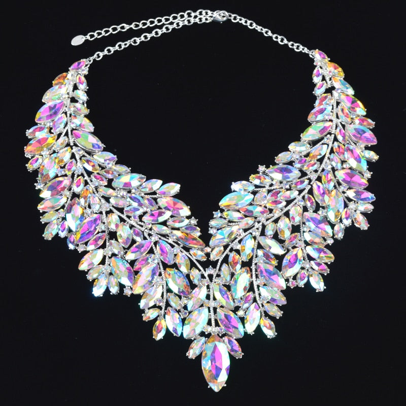 Iridescent Crystal Leaves Statement Necklace and Earring Set