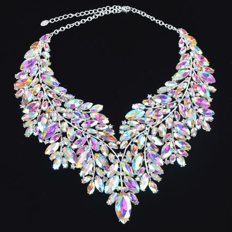 Iridescent Crystal Leaves Statement Necklace and Earring Set