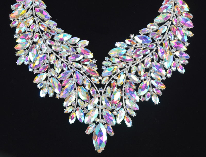 Iridescent Crystal Leaves Statement Necklace and Earring Set