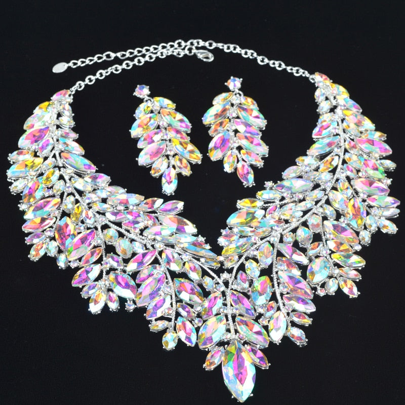 Iridescent Crystal Leaves Statement Necklace and Earring Set