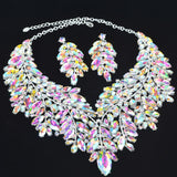 Iridescent Crystal Leaves Statement Necklace and Earring Set