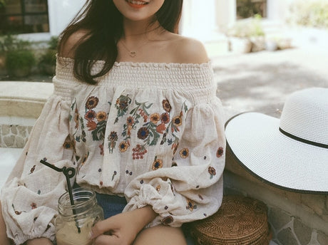Lantern Sleeve Embroidered Off The Shoulder Boho Top