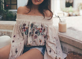 Lantern Sleeve Embroidered Off The Shoulder Boho Top