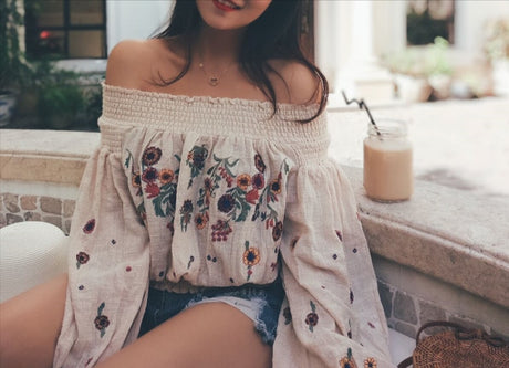 Lantern Sleeve Embroidered Off The Shoulder Boho Top
