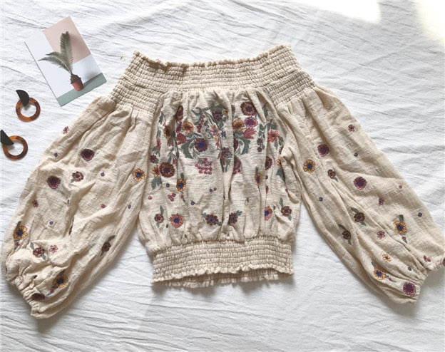 Lantern Sleeve Embroidered Off The Shoulder Boho Top