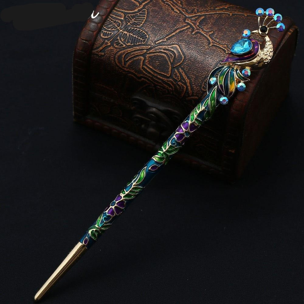 Peacock Hair Stick | Crystal & Enamel Hairpin