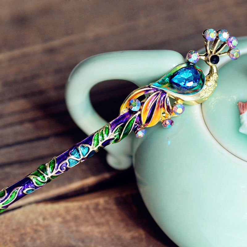 Peacock Hair Stick | Crystal & Enamel Hairpin