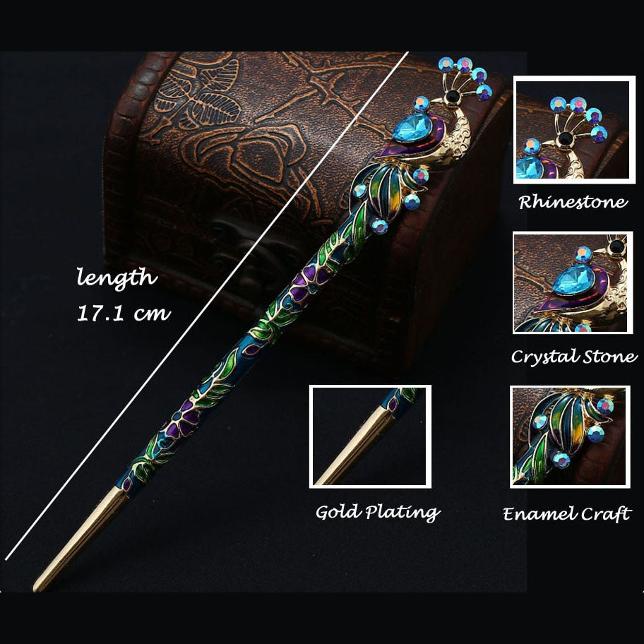 Peacock Hair Stick | Crystal & Enamel Hairpin