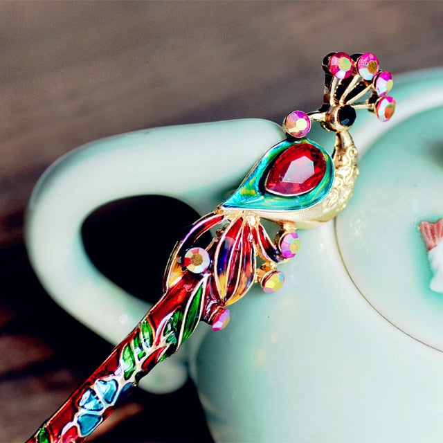 Peacock Hair Stick | Crystal & Enamel Hairpin