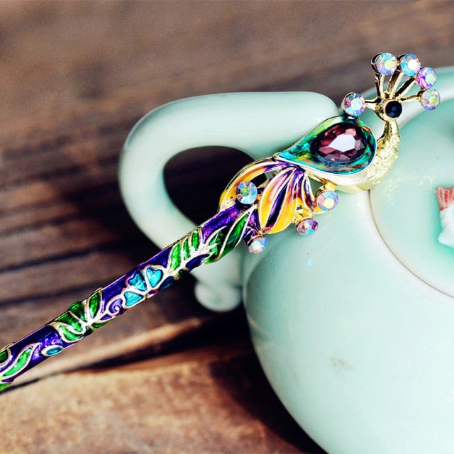 Peacock Hair Stick | Crystal & Enamel Hairpin
