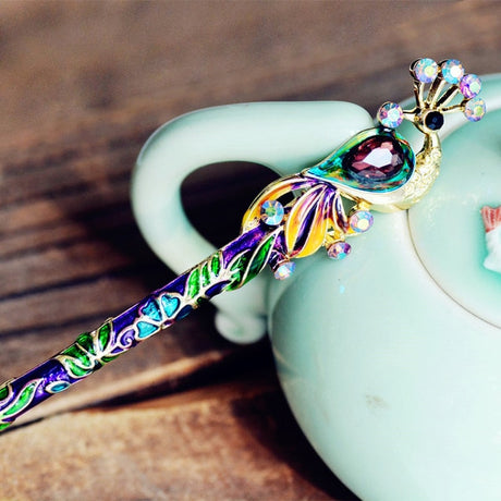 Peacock Hair Stick | Crystal & Enamel Hairpin
