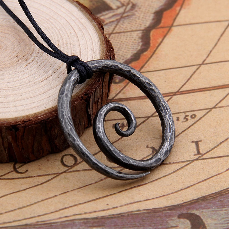 Viking Spiral Pendant - Hand-Forged Iron with Adjustable Leather Neck Cord