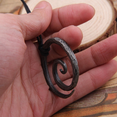 Viking Spiral Pendant - Hand-Forged Iron with Adjustable Leather Neck Cord