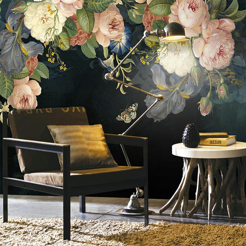Peonies Oil Painting Black Mural Wallpaper | Mural Silk Cloth Waterproof Wallpaper