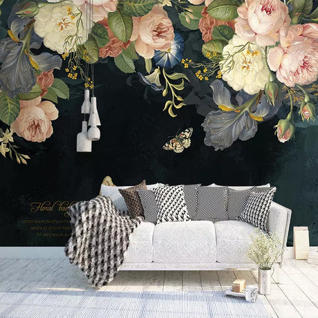 Peonies Oil Painting Black Mural Wallpaper | Mural Silk Cloth Waterproof Wallpaper