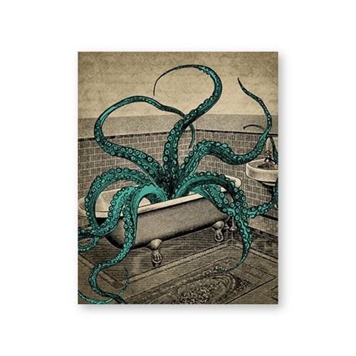 Octopus Bath Time Canvas Wall Art Poster Print