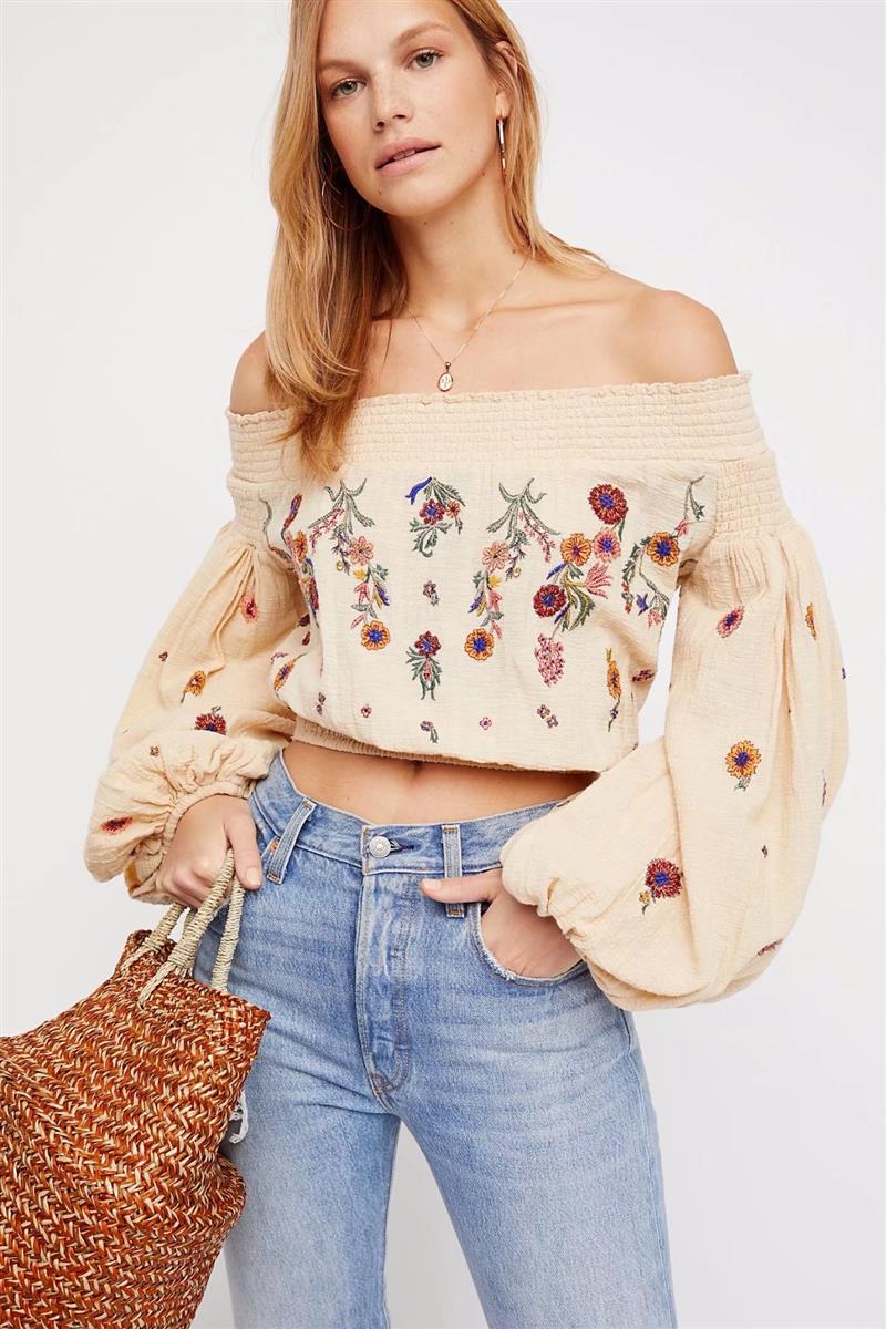 Lantern Sleeve Embroidered Off The Shoulder Boho Top