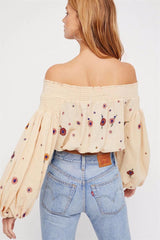 Lantern Sleeve Embroidered Off The Shoulder Boho Top
