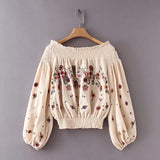 Lantern Sleeve Embroidered Off The Shoulder Boho Top