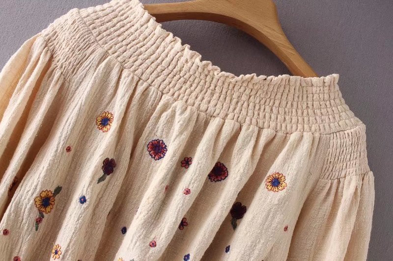 Lantern Sleeve Embroidered Off The Shoulder Boho Top
