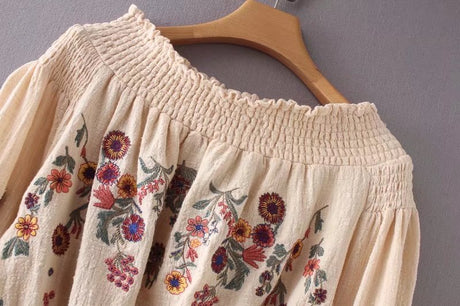 Lantern Sleeve Embroidered Off The Shoulder Boho Top