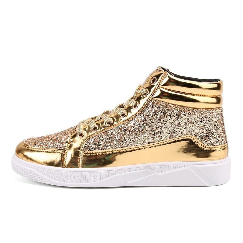 Golden Glittery Mens Shoes | Casual Streetwear High Top Men Sneakers - Woodland Gatherer