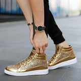 Golden Glittery Mens Shoes | Casual Streetwear High Top Men Sneakers - Woodland Gatherer