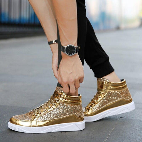 Golden Glittery Mens Shoes | Casual Streetwear High Top Men Sneakers - Woodland Gatherer