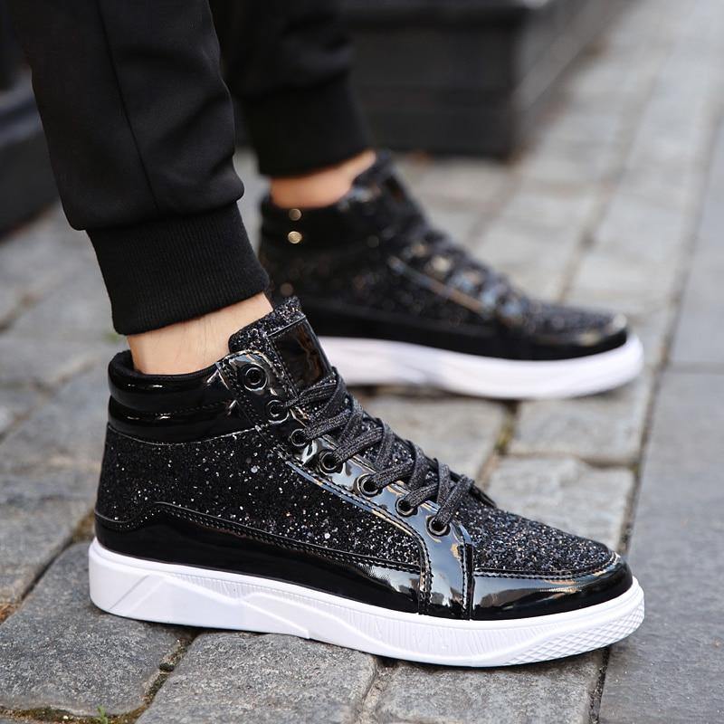 Golden Glittery Mens Shoes | Casual Streetwear High Top Men Sneakers - Woodland Gatherer