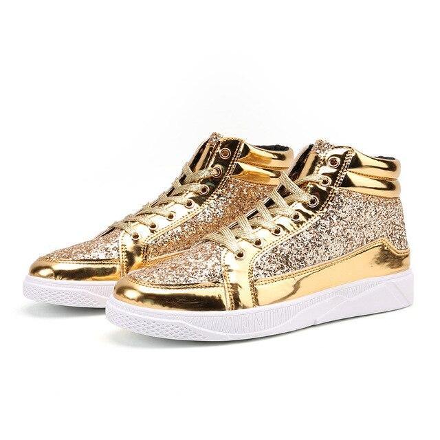 Golden Glittery Mens Shoes | Casual Streetwear High Top Men Sneakers - Woodland Gatherer