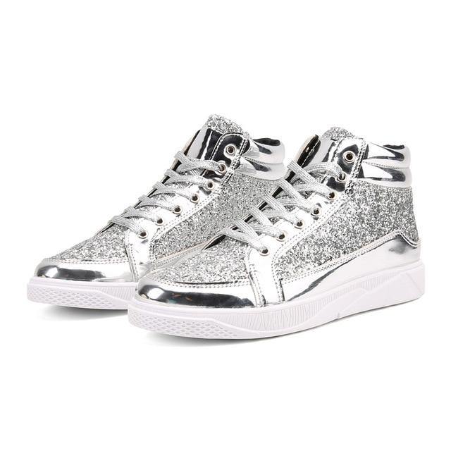 Golden Glittery Mens Shoes | Casual Streetwear High Top Men Sneakers - Woodland Gatherer