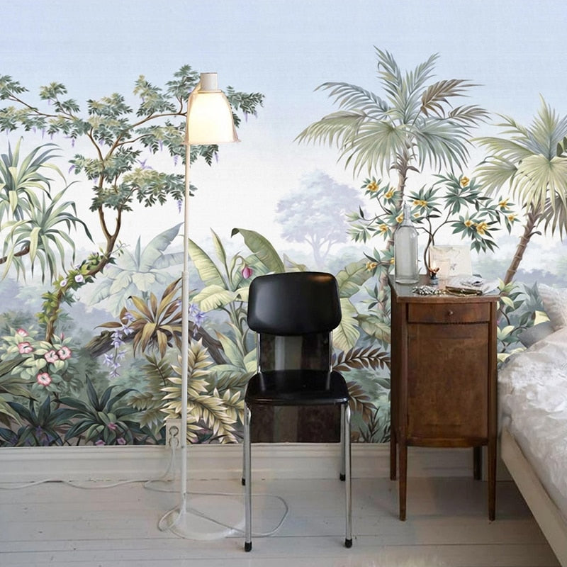 Retro Hand Painted Tropical Rainforest Wall Mural Wallpaper