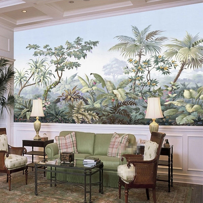 Retro Hand Painted Tropical Rainforest Wall Mural Wallpaper