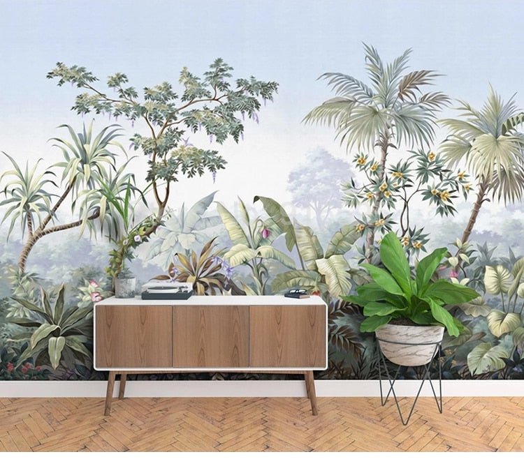 Retro Hand Painted Tropical Rainforest Wall Mural Wallpaper