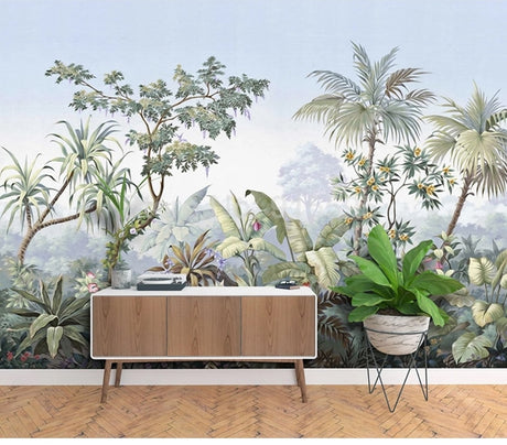 Retro Hand Painted Tropical Rainforest Wall Mural Wallpaper