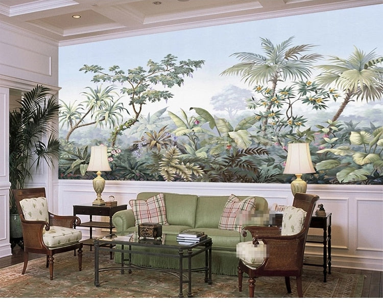 Retro Hand Painted Tropical Rainforest Wall Mural Wallpaper