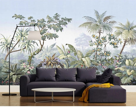 Retro Hand Painted Tropical Rainforest Wall Mural Wallpaper