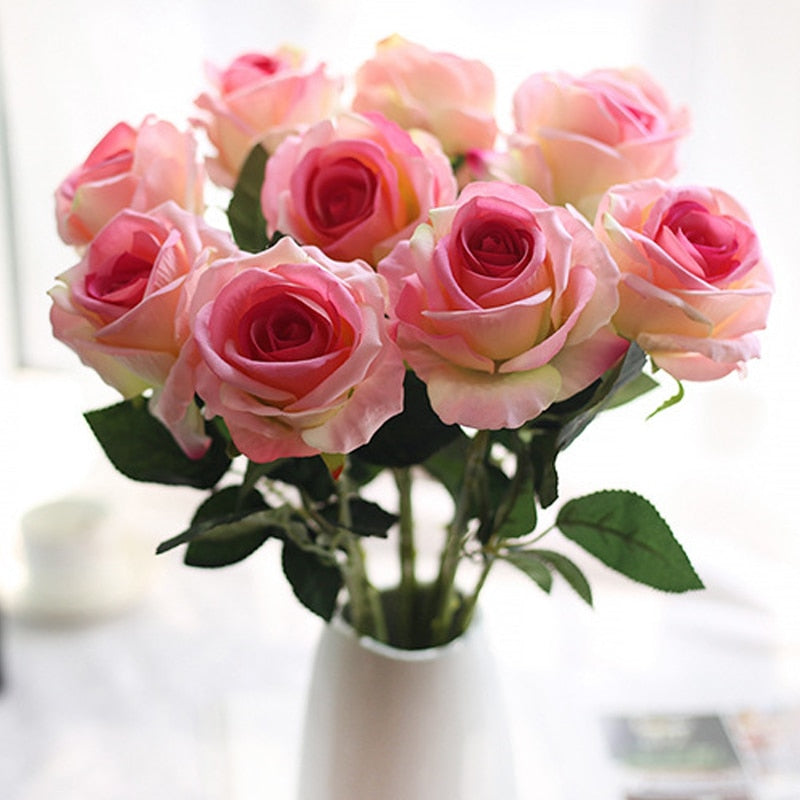 Five Long Stem White Silk Roses Artificial Flowers