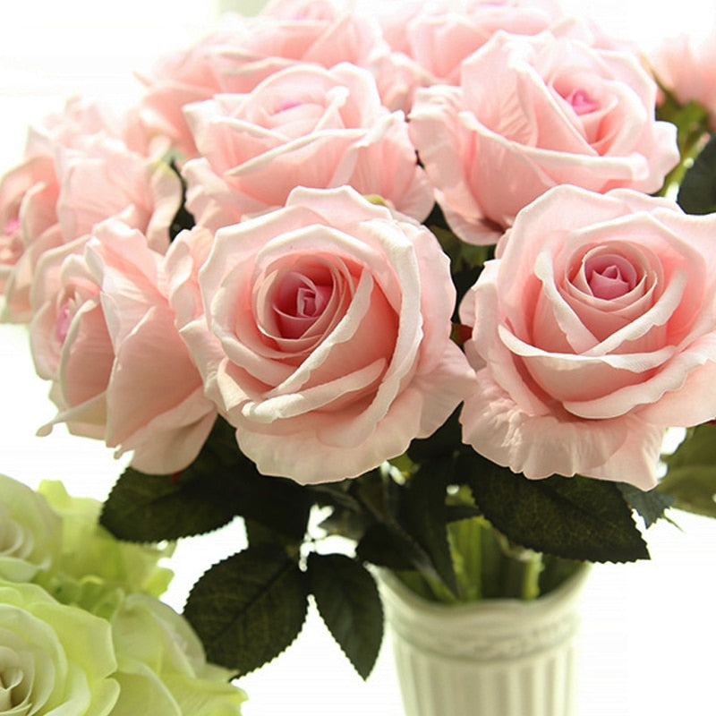 Five Long Stem White Silk Roses Artificial Flowers