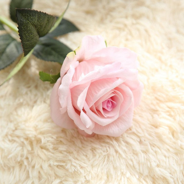 Five Long Stem White Silk Roses Artificial Flowers