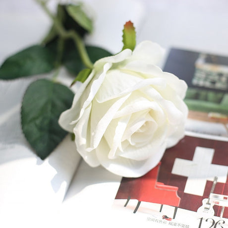 Five Long Stem White Silk Roses Artificial Flowers