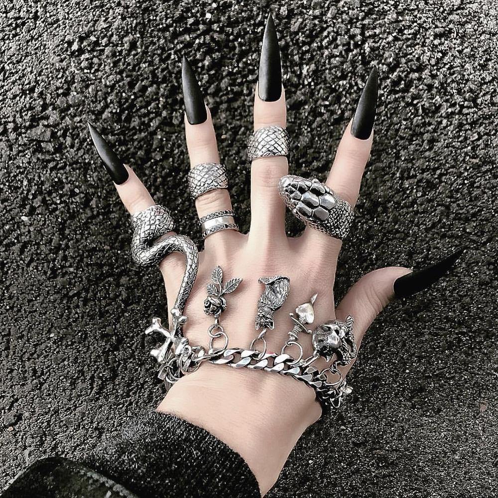 Gothic Snake 4pc Ring Set Vintage Punk Metal Knuckle Joint Rings