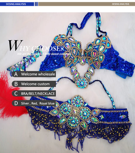 Beaded Crystal Belly Dance Costume Bra+Belt+Necklace 3pc Performance Set