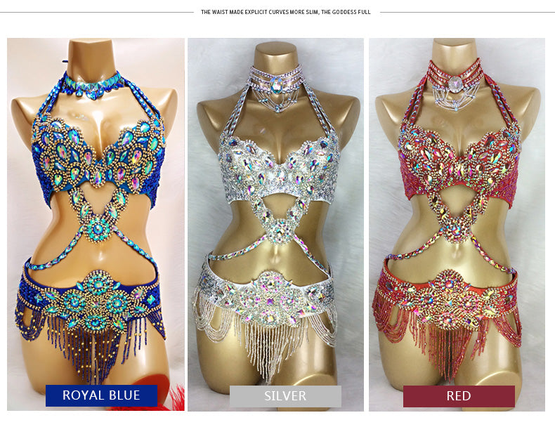 Beaded Crystal Belly Dance Costume Bra+Belt+Necklace 3pc Performance Set