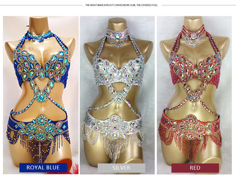 Beaded Crystal Belly Dance Costume Bra+Belt+Necklace 3pc Performance Set