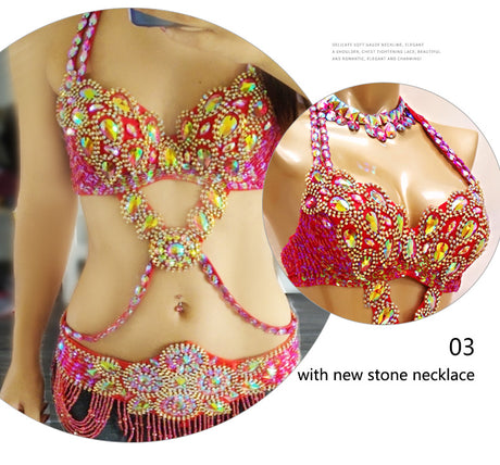 Beaded Crystal Belly Dance Costume Bra+Belt+Necklace 3pc Performance Set